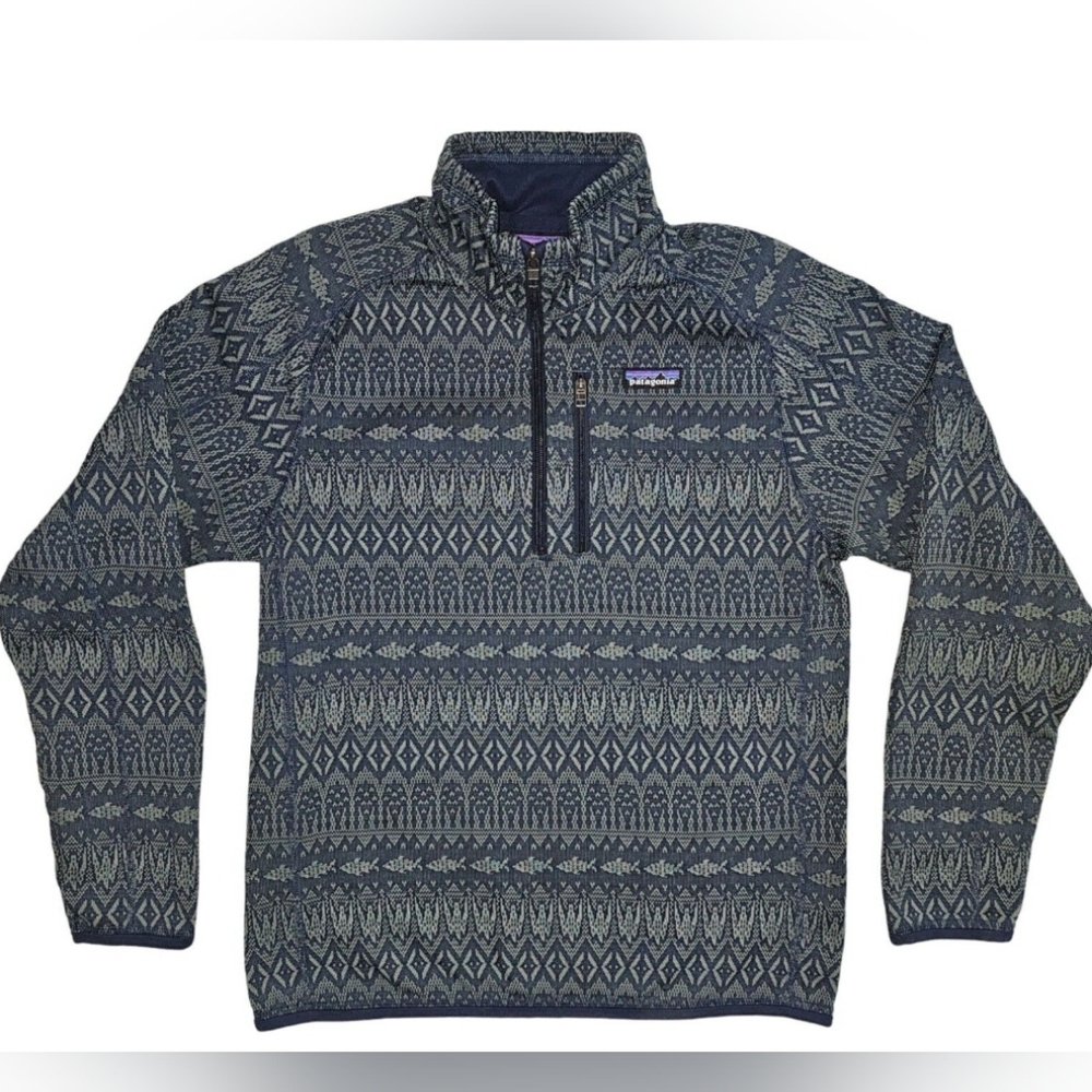 Patagonia Better Sweater Blue Aztec Fish 1/4 Zip Blue Fleece Pullover Men Size M